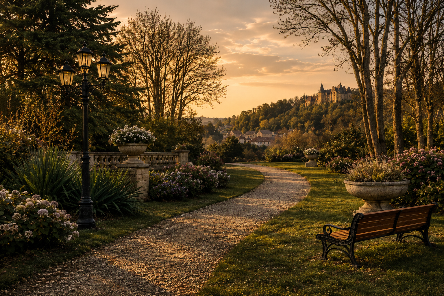 Allée du parc du manoir à la golden hour