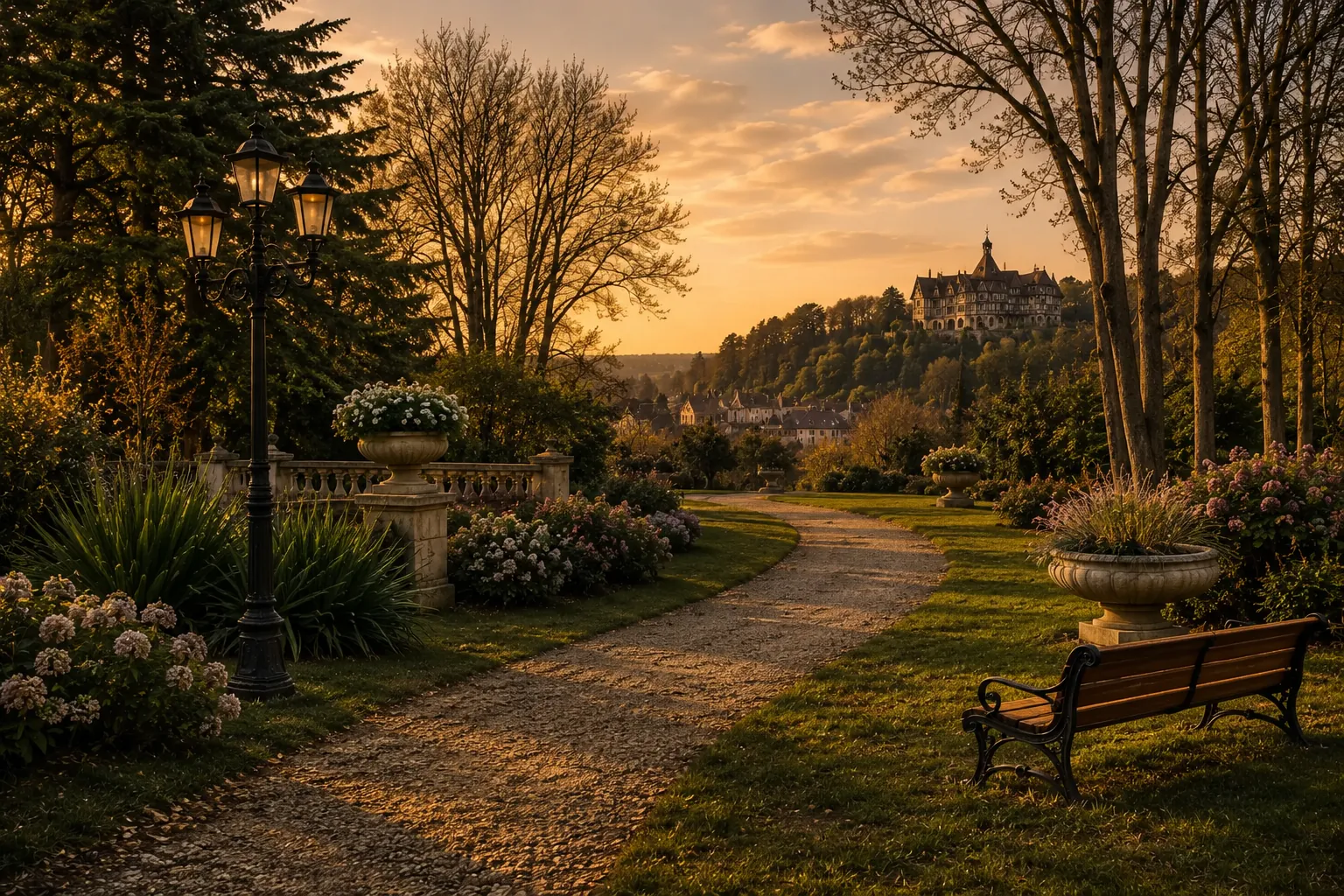Allée du parc du manoir à la golden hour